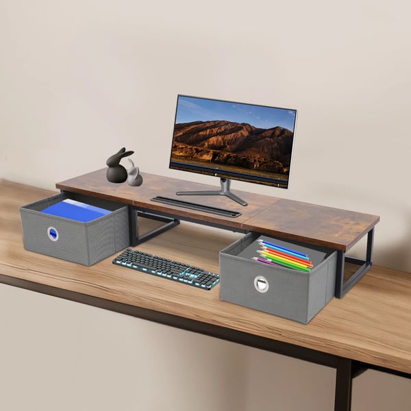 Bildskärmsstativ, Ergonomisk Design, Integrerad Förvaringslåda, Brun
