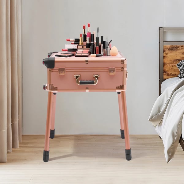 Kosmetisk vogn makeup kasse, 4 skuffe opbevaring, LED belysning inkluderet,Rosen Guld