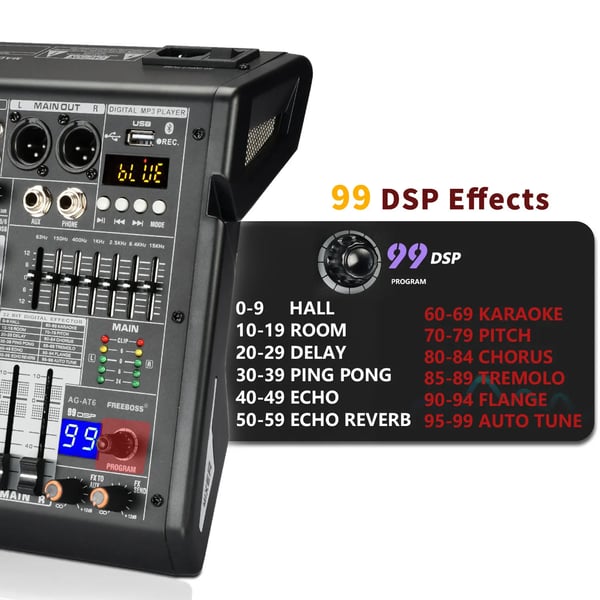Freeboss Audio Mixer, 6 Kanaler, Bluetooth-forbindelse,EU STIK