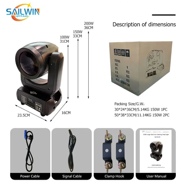 LED Moving Head Light, 150W Strømforbrug, Dimensioner 23,5x16x33 cm, Vægt 6 kg, 12 Kontrolkanaler, RGBW 4-i-1 Lyskilde