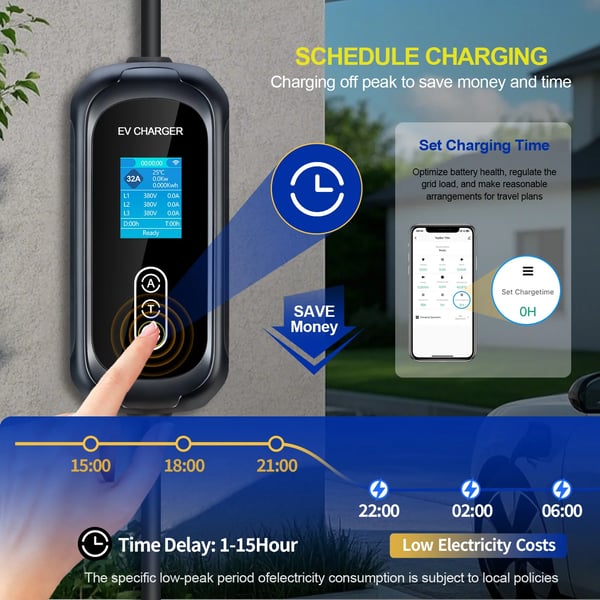 Mobil EV-laddare, 22KW Typ 2, Smart App-kontroll,svart, TYPE2