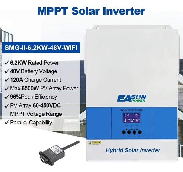 Solhybridinverter, 6200W kapacitet, ren sinusbølgeudgang,Med WiFi, 48V