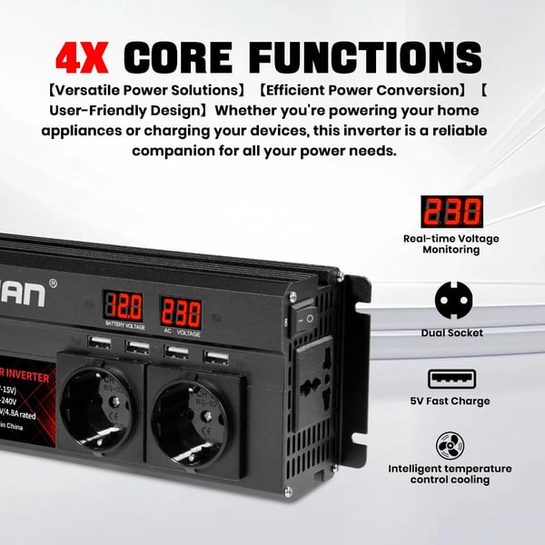 Strømomformer, 1300W Nominel Effekt, LED Skærm,2600W Sort
