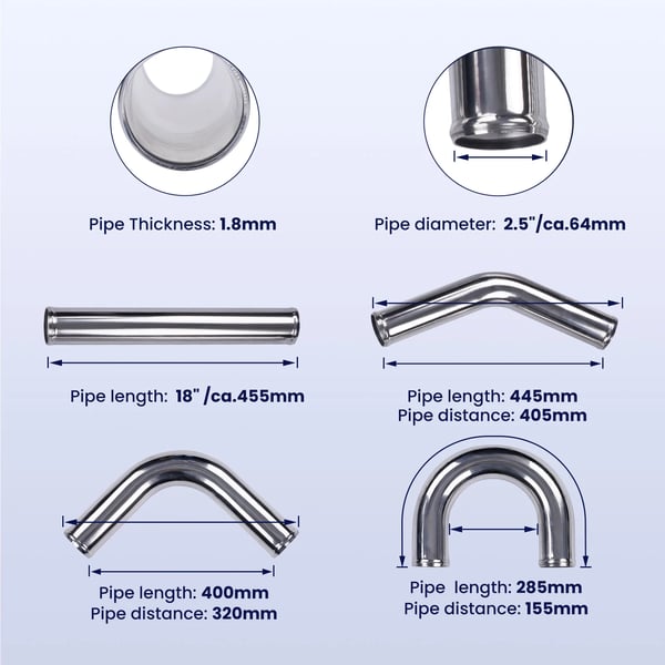 Intercooler Rør Sæt, 2.5 tommer Diameter, 56 cm Længde, 43 cm Bredde, 17 cm Højde, 6.2 kg Vægt