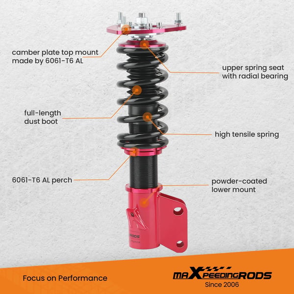 Coilover affjedringskit, justerbar højde 1" til 3", front coilover længde 410mm-500mm, bag coilover længde 600mm-670mm, fjederhastighed front 9kg/mm
