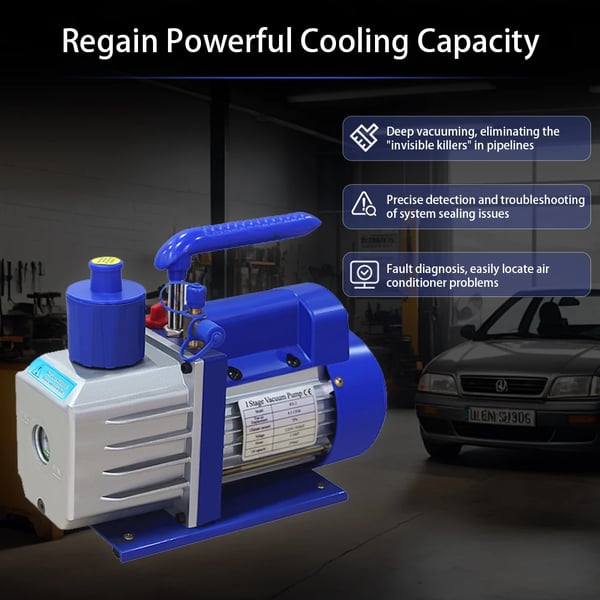 Vakuumpumpe, 3CFM kapacitet, 115V AC strømforsyning, 8.3 x 3.5 x 6.1 tommer dimensioner, aluminiumlegering konstruktion, egnet til køling