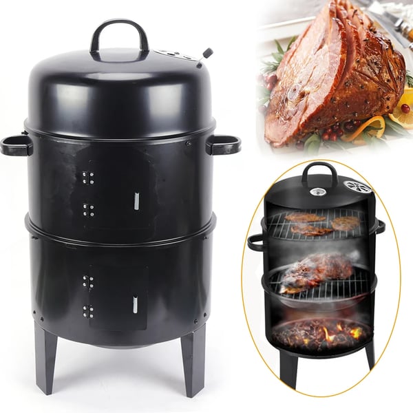 BBQ Røger, 40 cm Diameter, 84 cm Højde, Multifunktionel Madlavning, Dobbeltlag Design, Justerbar Luftdør