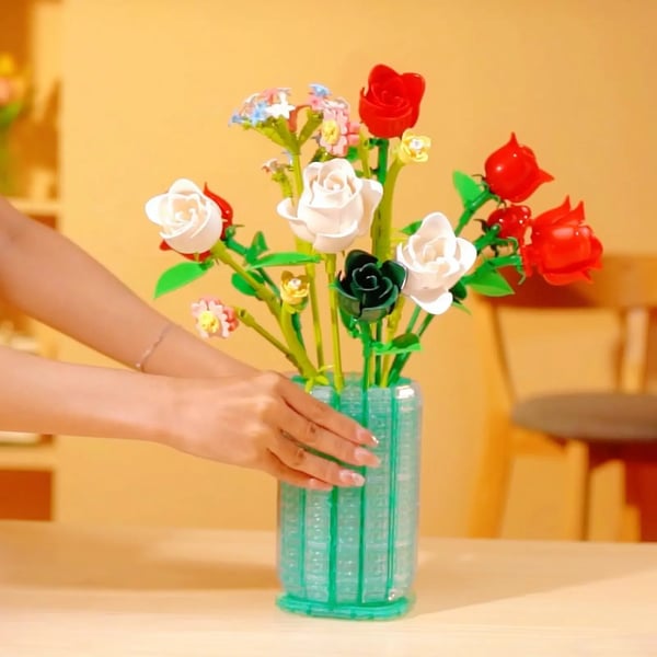 Bouquet Legetøjsbyggeklodser, Elegant Hjemmedekoration, Perfekt Gavevalg,Rose, Med Kasse