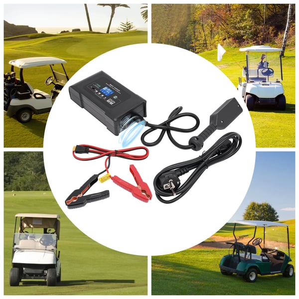 Golfkärryn akkulaturi, 36V/48V lähtö, 18A/13A virta, ABS-materiaali, 100-240V syöttö, 2m virtajohto