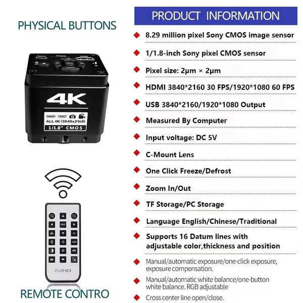 Digital Mikroskop, 4K Ultra HD, Elektronisk Zoomfunktion,IMX678 Sensor Sæt