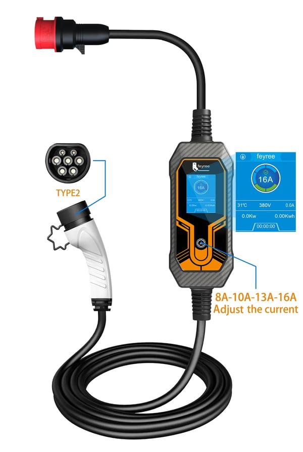 Kannettava sähköauton laturi, 5m kaapeli, korkeat turvallisuusominaisuudet,TYYPE2, 11kW 5M EI Adaptor