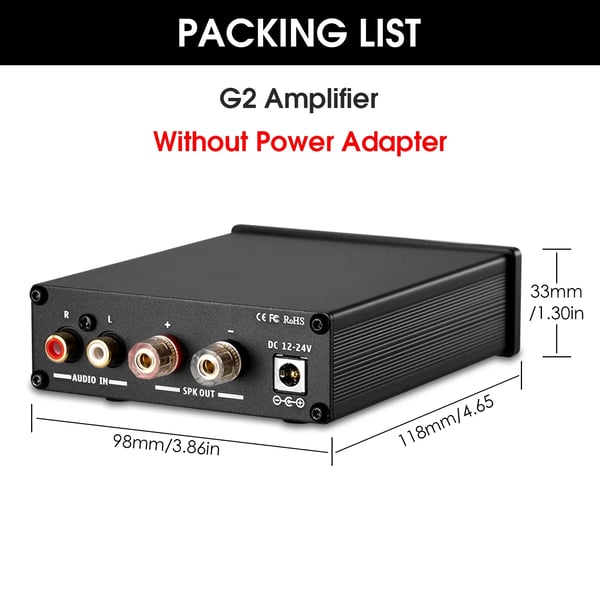 Digital forstærker, 100W maksimal effekt, 20Hz-20kHz frekvensrespons, 4-8Ω kompatibel impedans, 0,03% THD, DC12-24V arbejds spænding