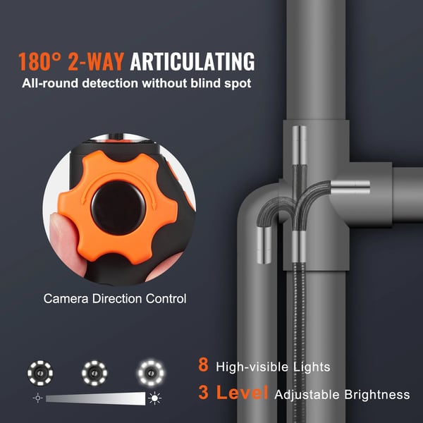 Artikulerende Borescope, 6,4 mm Linse, 1920 x 1080 Opløsning, 5" IPS Skærm, 4500 mAh Batteri, 8 Justerbare LED Lygter