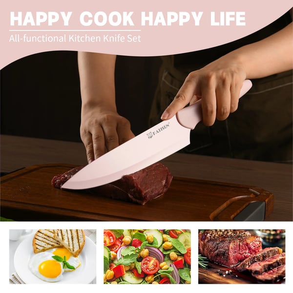 Køkkenkniv Sæt, Kulstofstål Blade, Ergonomiske Håndtag,Pink