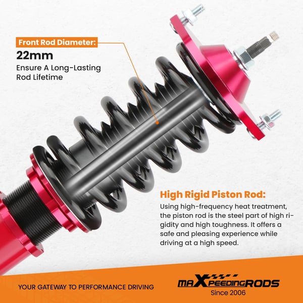 Coilovers affjedring, 24 niveauer af justerbar dæmper, Vare længde 63 cm, Vare bredde 51 cm, Vare højde 21 cm, Vægt 21380 g