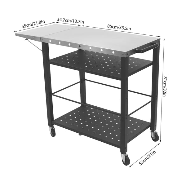 Grillvogn Bord, 4-Lags Design, Flytbar med Hjul,sort