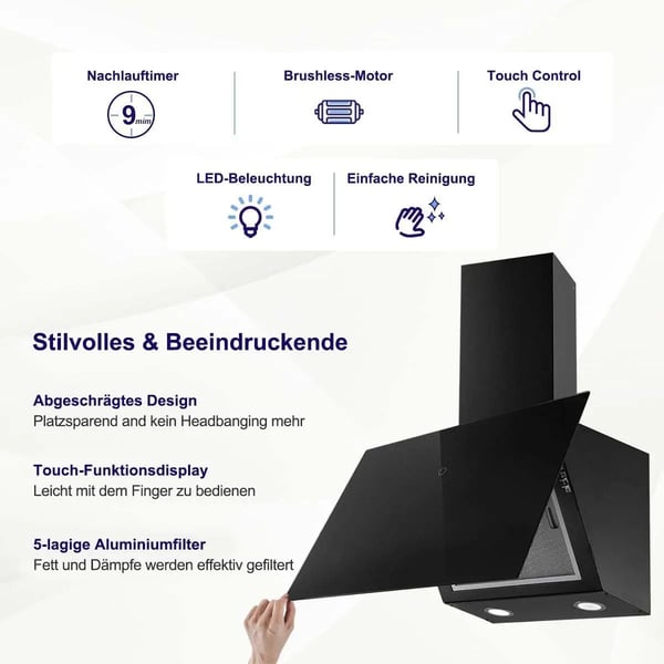 Emhætte, kraftig sugeevne, energieffektiv design,Sort, EU