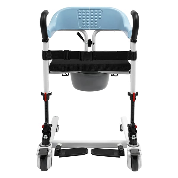 Patientløftestol, 4 hjul, 180° splitdesign, justerbar højde,Blå