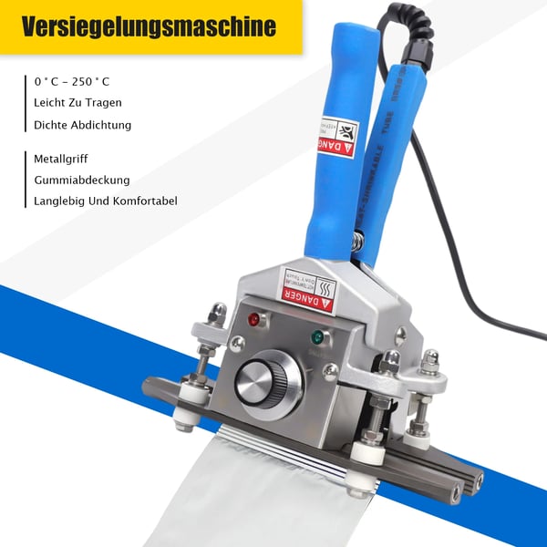 Håndholdt varmeforseglingsmaskine, 220V, 300W, temperaturinterval 30-250℃, forseglingslængde 200mm, forvarmningstid 5-6min