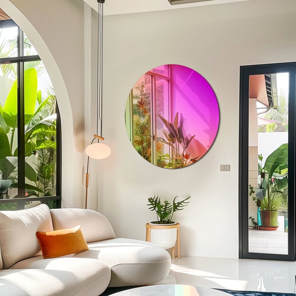 Vægspejl, iriserende finish, rund form,Fuchsia