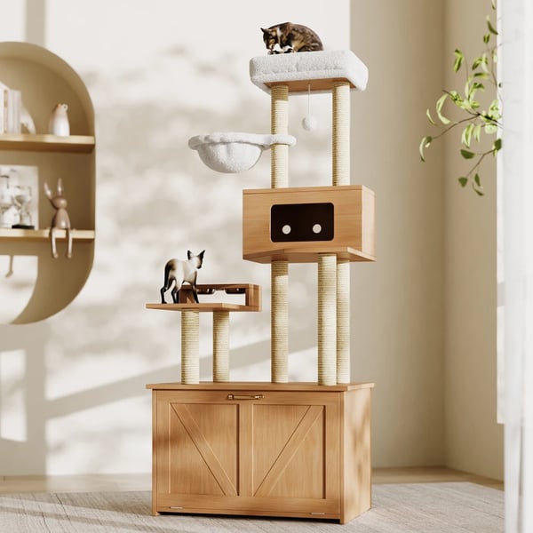 Kattårn, Vægmonteret Design, Multi-Niveau Struktur,Naturlig træfarve