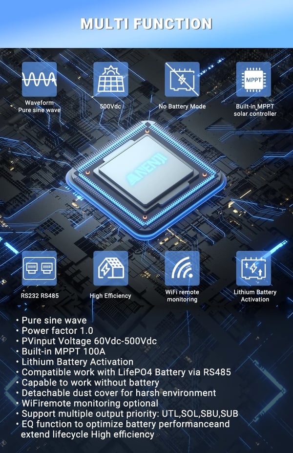 Hybrid sol inverter, MPPT-teknologi, ren sinuskurveudgang,220-240V, ANJ-4000W-24V-WIFI