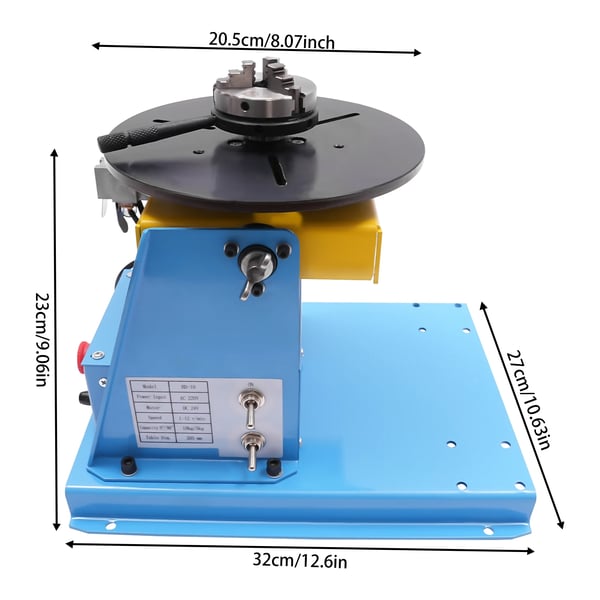 Rotary svejsepositioner, belastning 10kg, belastning 5kg, hastighedskontrol 1-12 RPM, hældningsvinkel 0-90°, effekt 20W