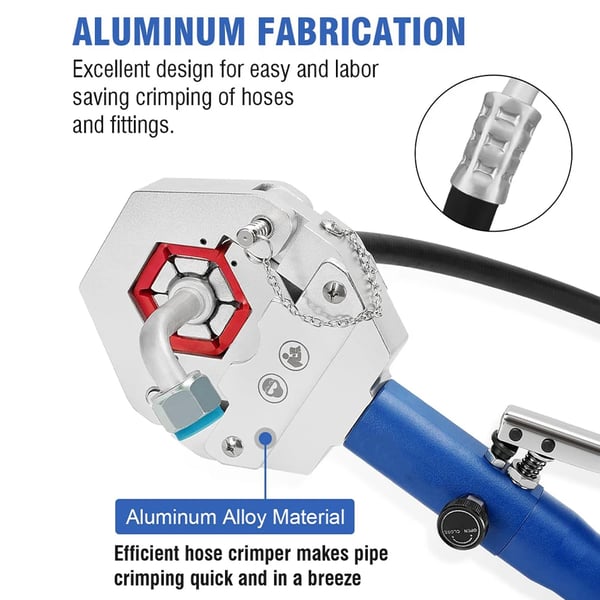 Hydraulisk crimpværktøj, konstruktion i aluminiumslegering, brugervenlig opsætning, inkluderer 6 crimpdyser, kompakt opbevaringskasse inkluderet