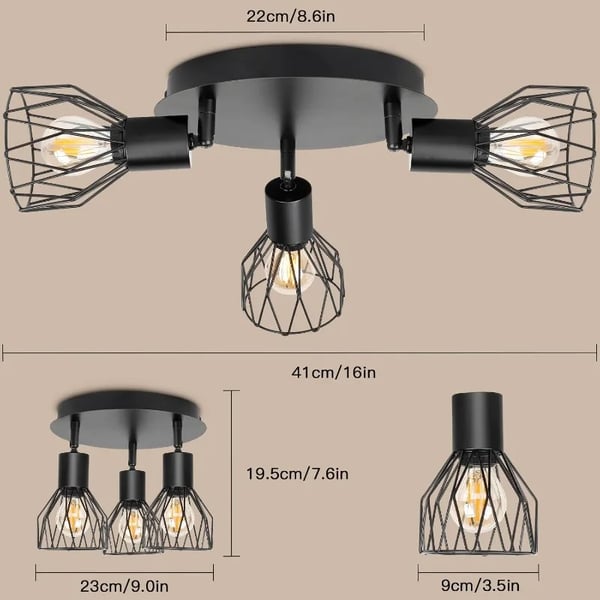 3-Arm Lysekrone, Justerbare Wire Cage Lygter, E14 Pærebase, Moderne Stil,Ingen pære, sort