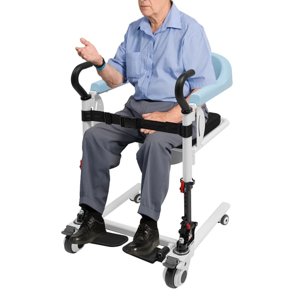 Patientløftestol, 4 hjul, 180° splitdesign, justerbar højde,Blå
