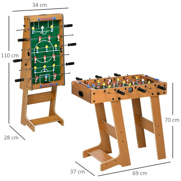 Kokoontaitettava pöytäjalkapallo, mitat 69 x 37 x 70 cm, sisältää 2 palloa ja 6 kahvaa.