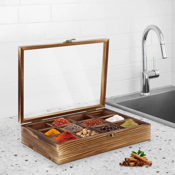 Krydderiboks, 12 Rum, Bygget i Fyrretræ, 30cm x 22,5cm x 7cm Dimensioner, Hvert Rum 45ml Kapacitet, Retro Stil