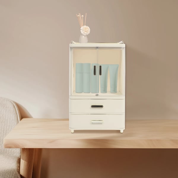 Makeup Organizer, 2 Skuffer, Klare Døre,Cremehvid