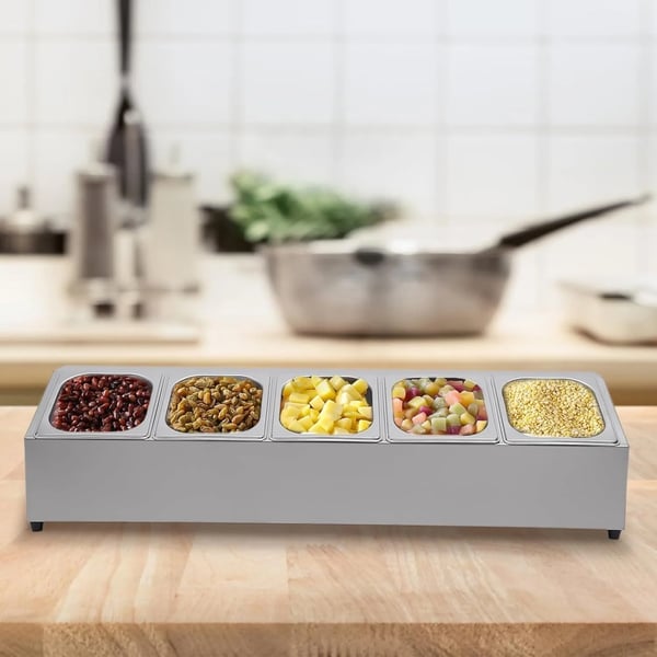 Pizza Topping Station, Rustfrit Stål Konstruktion, Inkluderer 5 Pander med Låg, Ideel til Catering