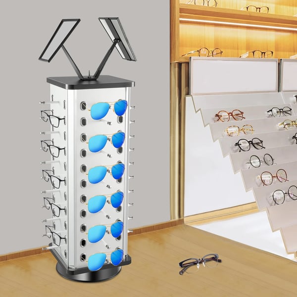 Roterande glasögonställ, 44 par kapacitet, 360° rotation, fristående design, L, med 2 speglar
