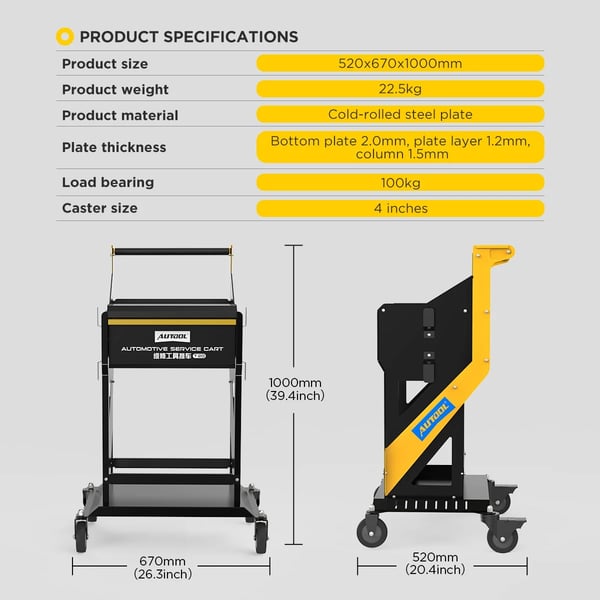 Bilprogrammeringsvogn, Robust stål konstruktion, 100 cm x 50 cm x 90 cm, Understøtter op til 100 KG, Låselige hjul for sikker mobilitet