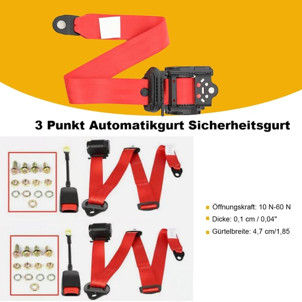 3-Punkts Universelt Sikkerhedsseler, Rustfrit Stål, Justerbar Længde, Standard Pasform, Universel Kompatibilitet, Automatisk Tilbagetrækning
