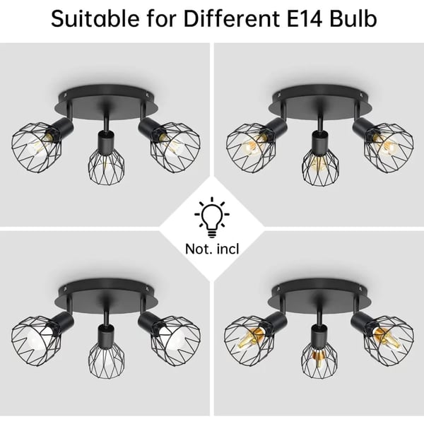 Loftlampe, 3-Lygt Drejelig Design, Industriel Stil,sort, Ingen pære