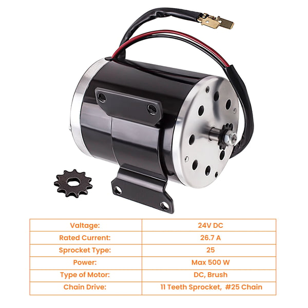 Elektrisk motor, 500W effekt, 24V spænding, tomgangshastighed 2800-3000 RPM, nethastighed 2500 RPM, dimensioner 22x16x15 cm