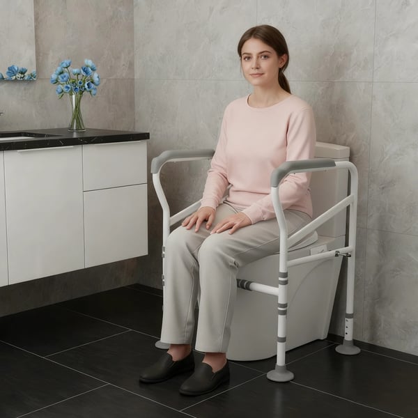 Toilet Støtte Ramme, Justerbar Højde 27-29 tommer, Belastningskapacitet 150 kg, Skridsikre Armlæn, Kulstofstål Konstruktion, Bruger-venligt Design