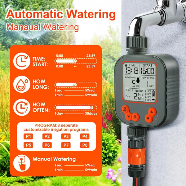 Vandingstimer, Regnsensor, 8 Vandingsprogrammer, Justerbar Varighed 1-599 Minutter, Cyklus 1-30 Dage, Kompatibel med 1/2" og 3/4" Haner