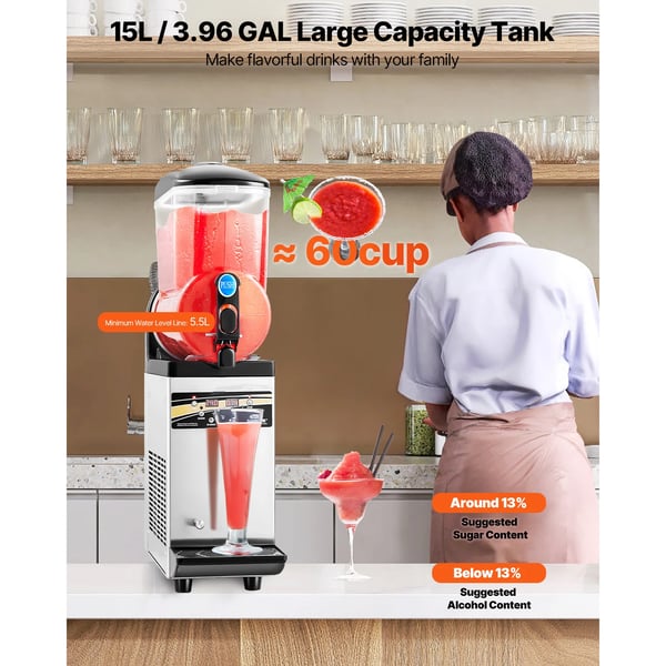 Slushymaskine, 15L kapacitet, justerbart temperaturinterval, 1200 W effekt, brugervenligt kontrolpanel, CE-certificeret