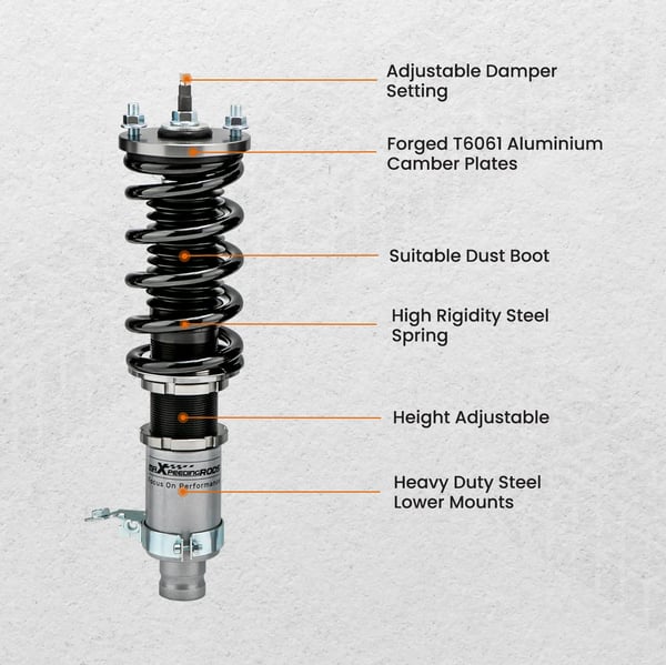 Coilover affjedringskit, 24 niveauer for rebound justerbar, 71 cm længde, 20 cm bredde, 82 cm højde, kompatibel med 1988-2000 kompaktbilmodeller