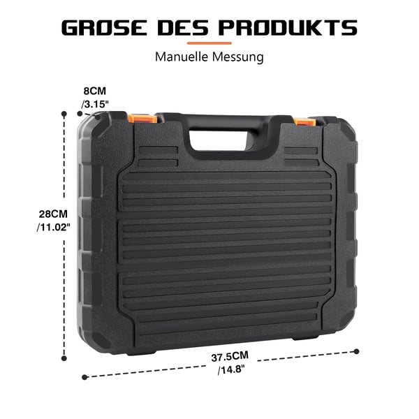 Hjemreparationsværktøjssæt, 102 dele, ergonomiske bløde håndtag, holdbart ABS-plast og kulstofstål, dimensioner 37,5 cm x 28 cm x 8 cm