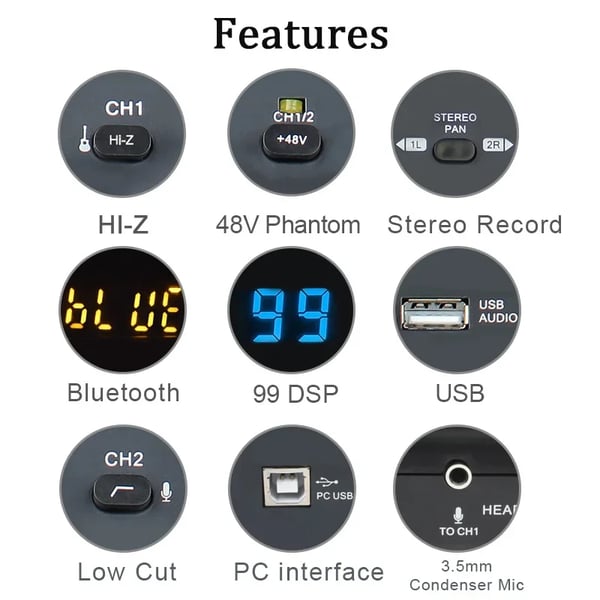 Äänimikseri, Bluetooth-yhteys, 99 DSP-efektiä,EU-pistoke