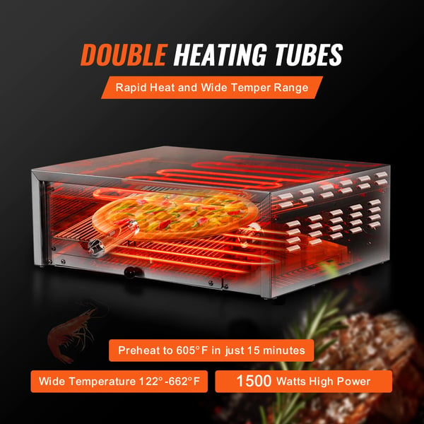 Elektrisk Pizzaovn, 1500W Effekt, Rustfrit Stål Konstruktion, 12-tommer Kapacitet, 122-662℉ Temperaturinterval, Top- og Bundvarme Rør