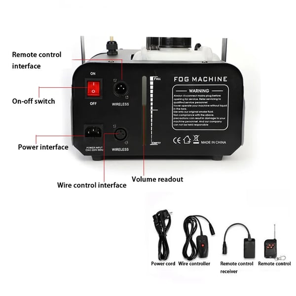 Røgmaskine, 1500W effekt, 90-240V spænding, 249-2000 lysflux, DMX scenelys, CE-certificering