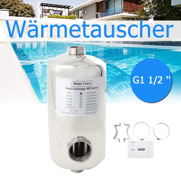 Varmeveksler, 28 kW, Rustfrit Stål SS304, Dimensioner 29,2 cm x 16 cm, Poolforbindelse G1 1/2, Varmtvandsstrøm 18 L/min