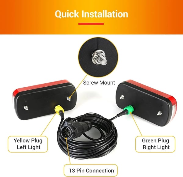 Trailer Baglygter, 12V, 6 Funktioner, 5,5m Kabel, E-mærket Godkendt, 21W