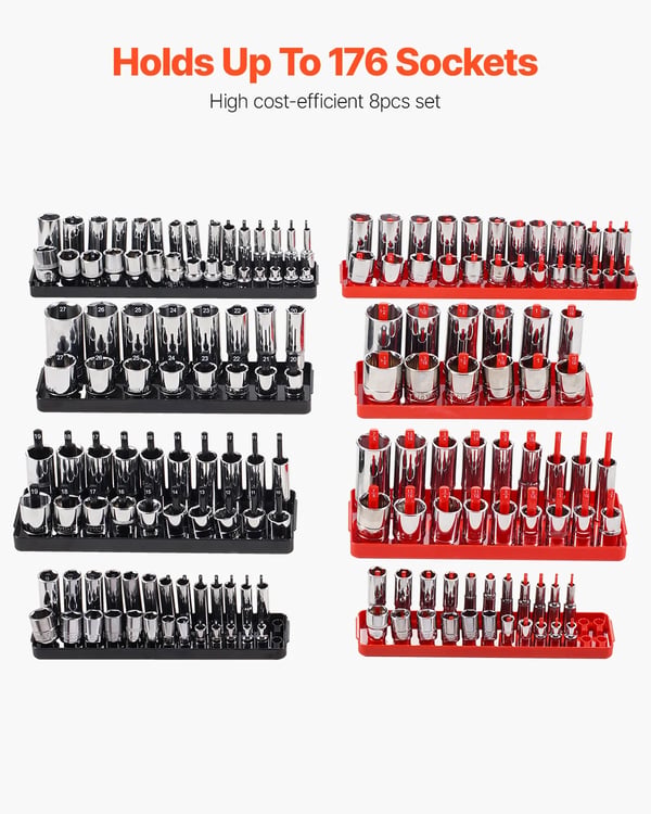 Stikdåseorganisator, holder op til 176 stikdåser, kompatibel med metriske og SAE,8PCS